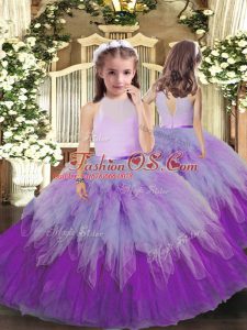 Affordable Ball Gowns Little Girls Pageant Dress Multi-color High-neck Tulle Sleeveless Floor Length Backless