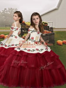 Latest Embroidery Kids Formal Wear Wine Red Lace Up Sleeveless Floor Length