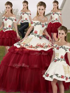 Tulle Off The Shoulder Sleeveless Brush Train Lace Up Embroidery and Ruffled Layers Quinceanera Gown in Wine Red