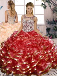 Organza Scoop Sleeveless Lace Up Beading and Ruffles 15th Birthday Dress in Red