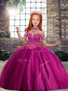 High Quality Sleeveless Floor Length Beading Lace Up Pageant Gowns For Girls with Fuchsia