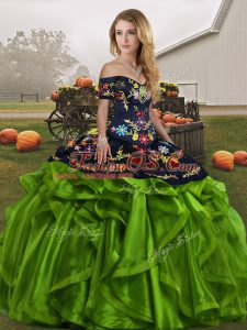 Green Lace Up Sweet 16 Dress Embroidery and Ruffles Sleeveless Floor Length