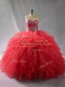 Fantastic Wine Red Ball Gowns Beading and Ruffles Quinceanera Dress Lace Up Tulle Sleeveless Floor Length