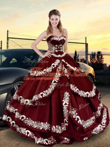 Sleeveless Satin Floor Length Lace Up Sweet 16 Dresses in Wine Red with Embroidery and Ruffled Layers