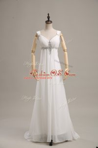 White Sleeveless Beading Lace Up Prom Gown