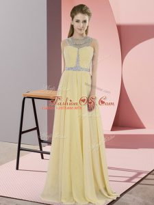 Gold Chiffon Zipper Scoop Sleeveless Floor Length Evening Party Dresses Beading
