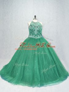 Fantastic Scoop Sleeveless Tulle 15th Birthday Dress Beading Brush Train Lace Up