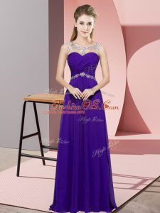 Stylish Purple Empire Chiffon Scoop Sleeveless Beading Floor Length Backless Prom Gown
