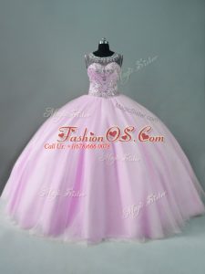 Lilac Column/Sheath Tulle Scoop Sleeveless Beading Floor Length Zipper Sweet 16 Quinceanera Dress