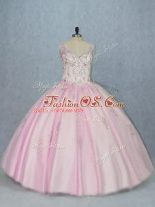 Stylish Baby Pink Ball Gowns Tulle V-neck Sleeveless Beading and Appliques Floor Length Backless Quinceanera Gown