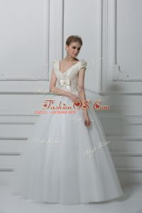 Ideal White Ball Gowns V-neck Short Sleeves Tulle Floor Length Lace Up Beading and Appliques and Bowknot Wedding Dresses