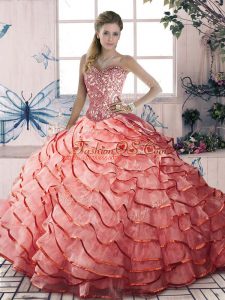 Lace Up Sweet 16 Quinceanera Dress Watermelon Red for Sweet 16 and Quinceanera with Beading and Ruffled Layers Brush Train