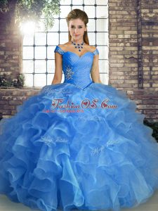 Blue Lace Up Ball Gown Prom Dress Beading and Ruffles Sleeveless Floor Length