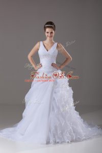 Suitable Sleeveless Brush Train Beading and Ruffles Lace Up Wedding Gown