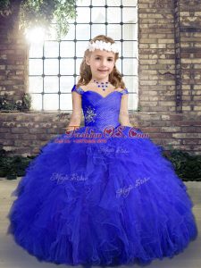 Blue Sleeveless Floor Length Beading and Ruffles Lace Up Little Girls Pageant Dress