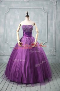 Ball Gowns Quinceanera Gown Eggplant Purple and Purple Strapless Tulle Sleeveless Floor Length Lace Up