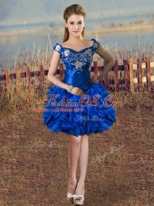 Knee Length Lace Up Prom Evening Gown Royal Blue for Prom and Party with Embroidery and Ruffles