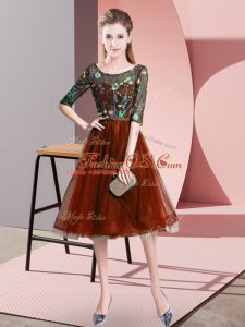 Chic Half Sleeves Tulle Knee Length Lace Up Court Dresses for Sweet 16 in Rust Red with Embroidery