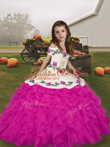 Straps Sleeveless Organza Little Girls Pageant Dress Embroidery and Ruffles Lace Up