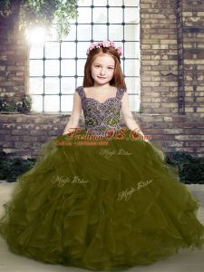 Olive Green Ball Gowns Tulle Straps Sleeveless Beading and Ruffles Floor Length Lace Up Kids Formal Wear