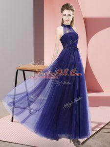 Latest Floor Length Lace Up Bridesmaids Dress Purple for Wedding Party with Beading and Appliques