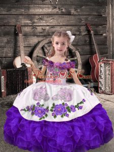 Off The Shoulder Sleeveless Organza Little Girl Pageant Dress Beading and Embroidery and Ruffles Lace Up