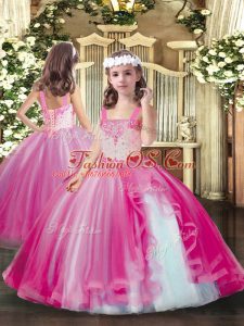 Hot Pink Ball Gowns Beading Little Girl Pageant Dress Lace Up Tulle Sleeveless Floor Length