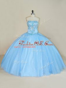 Blue Tulle Lace Up Strapless Sleeveless Floor Length Quinceanera Gowns Beading