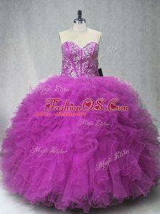 Captivating Fuchsia Sleeveless Beading and Ruffles Floor Length Quinceanera Gown