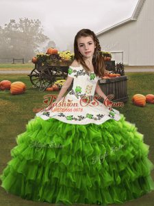 Elegant Green Sleeveless Embroidery and Ruffled Layers Floor Length Kids Formal Wear