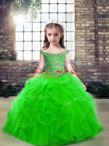 Sleeveless Tulle Floor Length Lace Up Kids Formal Wear in Green with Beading