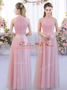 Stylish Pink Empire High-neck Sleeveless Tulle Floor Length Zipper Lace Quinceanera Dama Dress