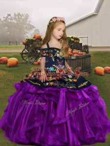 Organza Straps Sleeveless Lace Up Embroidery Little Girl Pageant Gowns in Eggplant Purple