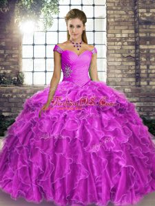 Fine Lace Up Quinceanera Dress Lilac for Military Ball and Sweet 16 and Quinceanera with Beading and Ruffles Brush Train