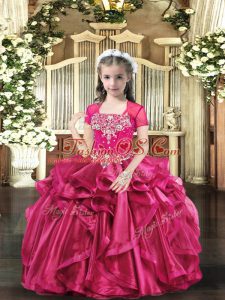 Straps Sleeveless Kids Formal Wear Floor Length Beading Hot Pink Organza