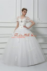 Great White Short Sleeves Floor Length Beading and Appliques Lace Up Wedding Dresses
