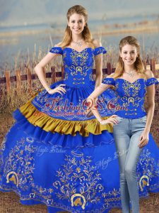 Artistic Embroidery and Ruffled Layers Vestidos de Quinceanera Blue Lace Up Sleeveless Floor Length