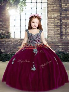 Elegant Floor Length Lace Up Girls Pageant Dresses Fuchsia for Party and Wedding Party with Appliques