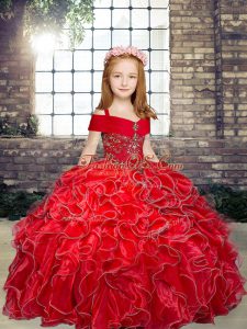 Red Lace Up Straps Beading and Ruffles Pageant Dress Wholesale Organza Sleeveless