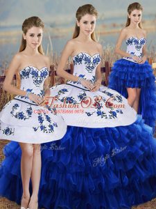Exceptional Royal Blue Ball Gowns Sweetheart Sleeveless Organza Floor Length Lace Up Embroidery and Ruffled Layers and Bowknot Ball Gown Prom Dress