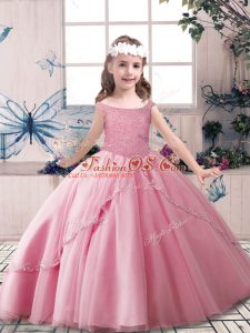 Custom Fit Ball Gowns Child Pageant Dress Rose Pink Off The Shoulder Tulle Sleeveless Floor Length Lace Up