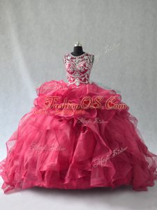 Most Popular Red Organza Lace Up Scoop Sleeveless Floor Length Quinceanera Gowns Beading and Ruffles