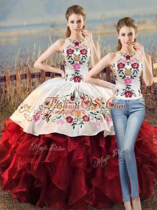 White And Red Halter Top Neckline Embroidery and Ruffles Ball Gown Prom Dress Sleeveless Lace Up