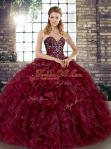 Noble Floor Length Burgundy Sweet 16 Dress Organza Sleeveless Beading and Ruffles
