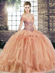 Affordable Beading and Ruffles Ball Gown Prom Dress Peach Lace Up Sleeveless Floor Length