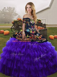 Ball Gowns Sweet 16 Dress Black And Purple Off The Shoulder Organza Sleeveless Floor Length Lace Up