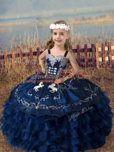 Navy Blue Organza Lace Up Straps Sleeveless Floor Length Child Pageant Dress Embroidery and Ruffled Layers