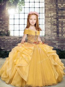 Fantastic Gold Organza Lace Up Little Girls Pageant Dress Wholesale Sleeveless Floor Length Beading and Ruffles