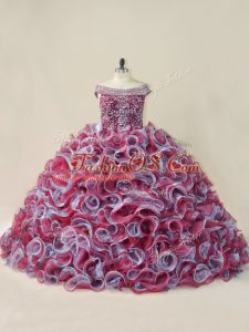 Beautiful Multi-color Lace Up Off The Shoulder Beading and Ruffles 15 Quinceanera Dress Organza Sleeveless Court Train