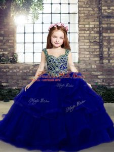 Nice Sleeveless Floor Length Beading and Ruffles Lace Up Little Girl Pageant Dress with Royal Blue